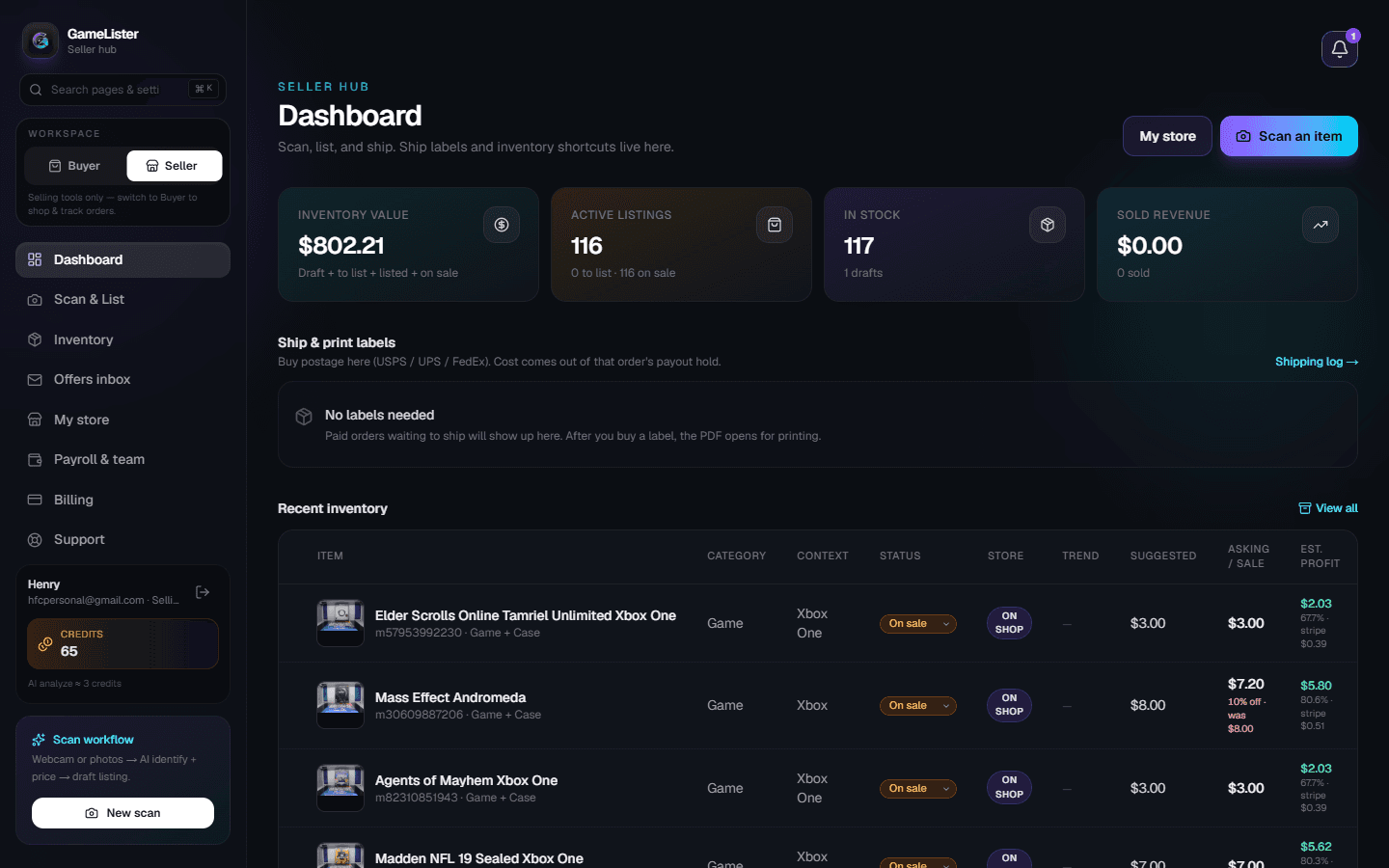 GameLister seller dashboard